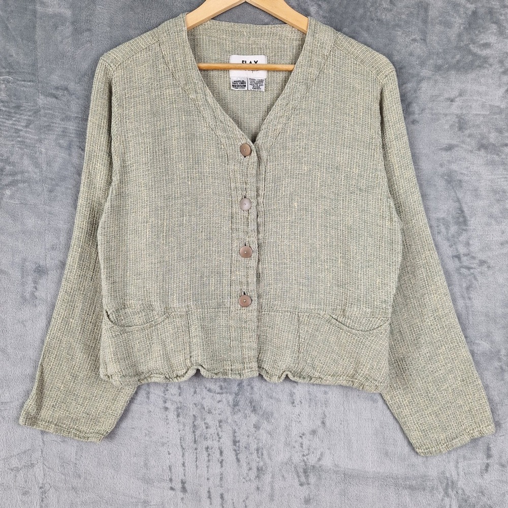 Flax Jacket Medium Green Linen Lagenlook Beach Coastal Shacket Boxy Crop Pockets